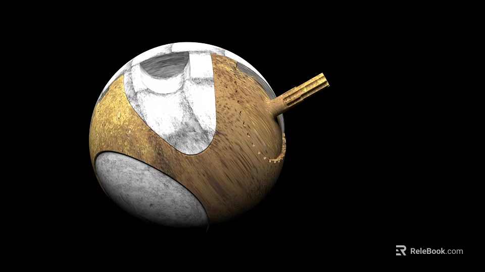 Industrial Equipment Spherical Design With Metallic Golden Wooden Texture White Section And Pipe Protrusion 3d model 