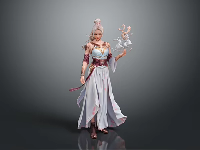 Elegant Mythical Female Character With Long White Hair Purple And White Dress Holding Crystal Staff 3d model