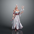 Elegant Mythical Female Character With Long White Hair Purple And White Dress Holding Crystal Staff