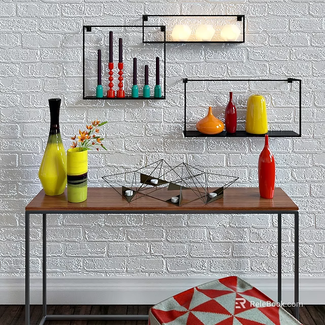 Modern Desk With Colorful Vases Geometric Decor On White Brick Wall And Wall Shelves 3d model 