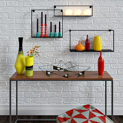 Modern Desk With Colorful Vases Geometric Decor On White Brick Wall And Wall Shelves 3d model