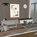 Cozy Living Room Interior With Cushions Storage Boxes Decorative Painting Pendant Light Clock and Blinds