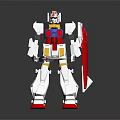 White Robot Character With Red Blue Yellow Accents Holding Shield And Sword