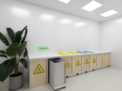 White Walled Waste Disposal Area With Countertop Medical Bins Warning Signs And Potted Plant 3d model