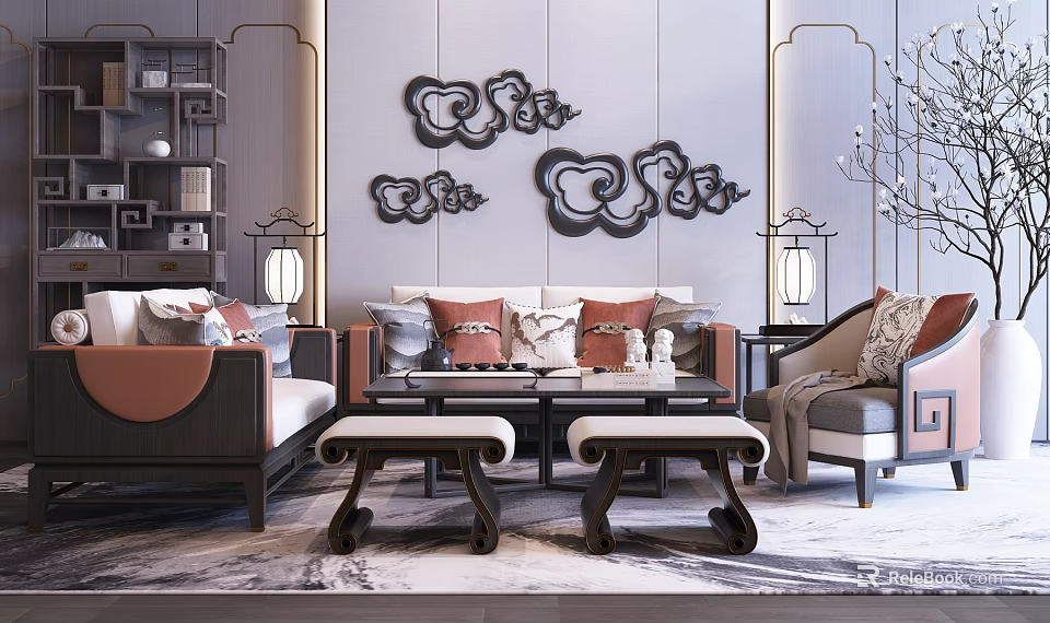 Traditional Chinese Sofa and Coffee Table Set with Cloud Wall Decor Pillows Lanterns and Rug 3d model