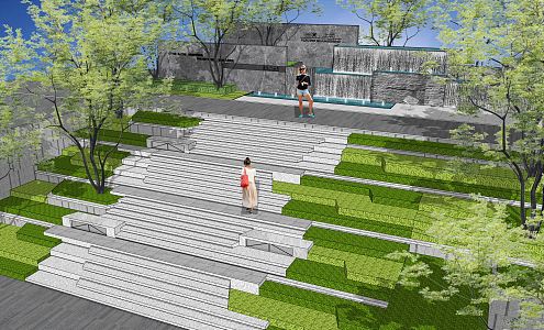 Modern step landscape residential district height difference treatment step greening 3d model