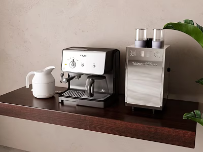 Wooden Shelf Setup With Black Coffee Machine Silver Appliance White Kettle And Green Plant Leaves 3d model