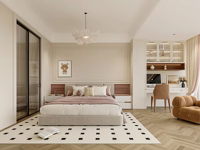 Modern Bedroom Interior Design With Bed Checkered Rug Chandelier Desk Armchair And Bookshelf 3d model