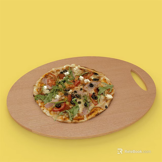 Delicious Pizza Topped With Tomatoes Olives Fresh Greens And Cheese On Wooden Round Tray 3d model 