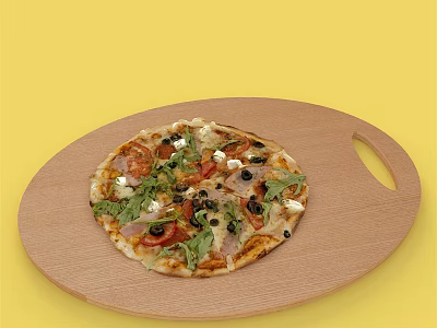 Delicious Pizza Topped With Tomatoes Olives Fresh Greens And Cheese On Wooden Round Tray 3d model