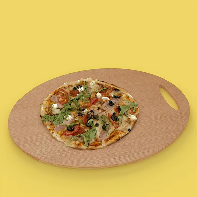 Delicious Pizza Topped With Tomatoes Olives Fresh Greens And Cheese On Wooden Round Tray 3d model