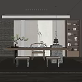 Minimalist Tea Room Interior With Wooden Table Chairs Bench Potted Plant Bookshelves And FloorToCeiling Windows