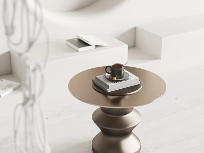 Modern Round Metallic Coffee Table With Coffee Cup Book And Geometric Decor In Minimalist Space 3d model