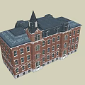Red Brick Office Building With Steeple Tower Multi Story Design And Uniform Windows