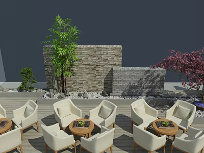Outdoor Leisure Area With White Chairs Round Tables Green Plants And Stone Wall 3d model