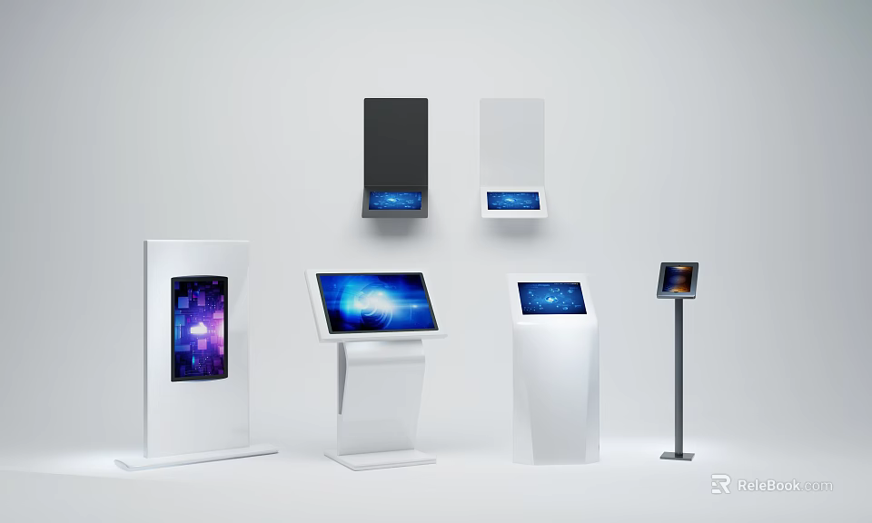 Modern Public Interactive Kiosks With Floor Standing And Wall Mounted Touchscreen Displays 3d model 