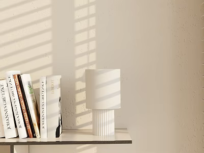 Decorative Ornament Set on Metal Shelf with Books White Table Lamp and Blinds Light Shadow 3d model