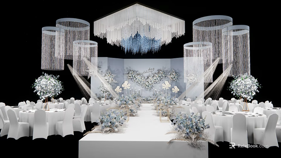 Elegant Wedding Venue Decoration With White Tables Floral Arrangements And Crystal Chandeliers 3d model 
