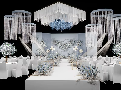 Elegant Wedding Venue Decoration With White Tables Floral Arrangements And Crystal Chandeliers 3d model
