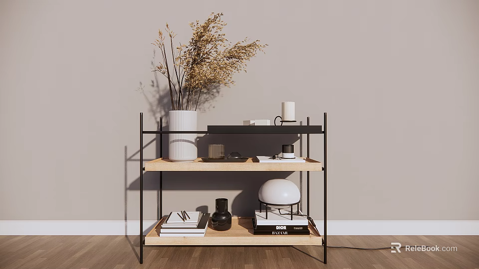 Decorative Ornament Combination with Vase Dried Flowers Candle and Books on Wooden Shelf 3d model 