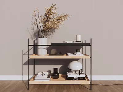 Decorative Ornament Combination with Vase Dried Flowers Candle and Books on Wooden Shelf 3d model