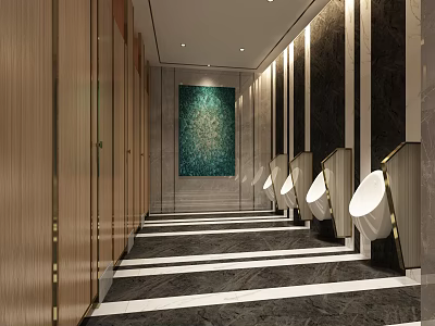 Elegant Modern Public Toilet Interior With Clean Stalls Urinals And Artwork Design 3d model