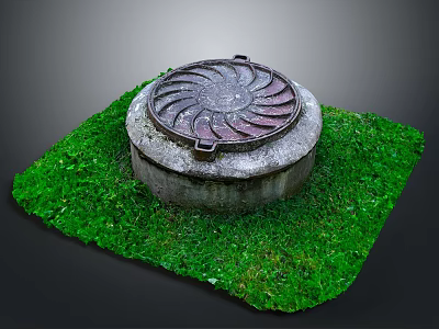 Circular Patterned Manhole Cover On Green Grass With Square Concrete Base 3d model