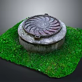 Circular Patterned Manhole Cover On Green Grass With Square Concrete Base 3d model
