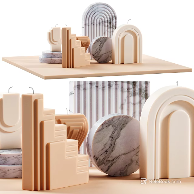 Beige Geometric Decorative Ornament Set With Marble Texture And Arch Shapes 3d model 