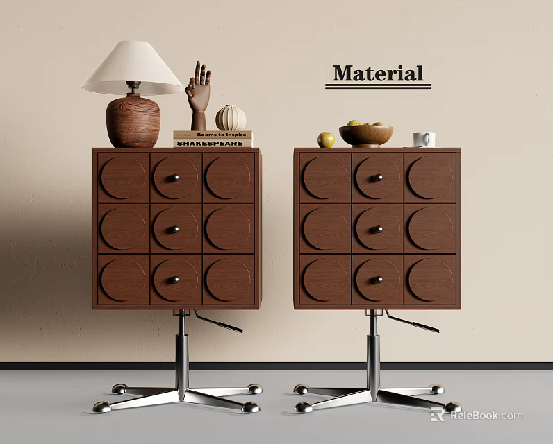 Brown Side Tables With Round Drawer Design Metal Base Wheels And Decorative Items 3d model
