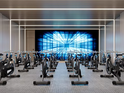 Modern Fitness Studio With Multiple Spin Bikes And Spacious Workout Space 3d model