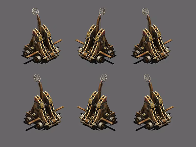 Ancient Mechanical Siege Weapons With Wooden Metal Structure And Wheels 3d model