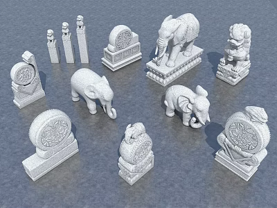 Traditional Architectural Stone Carving Components With Elephant Lion Statues Pillars And Circular Decorations 3d model