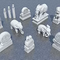 Traditional Architectural Stone Carving Components With Elephant Lion Statues Pillars And Circular Decorations
