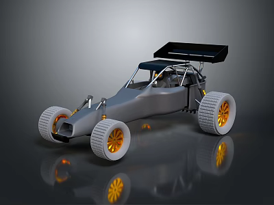 Modern Off Road Buggy With Open Cockpit Silver Body Large Orange Rims And Black Spoiler 3d model