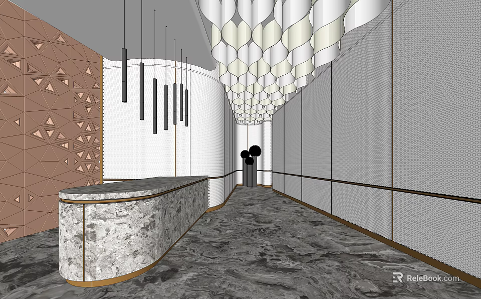 Modern Reception Desk Interior With Hanging Pendant Lights Marble Counter And Geometric Wall Decor 3d model 
