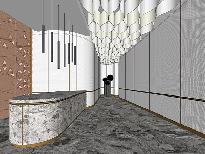 Modern Reception Desk Interior With Hanging Pendant Lights Marble Counter And Geometric Wall Decor 3d model