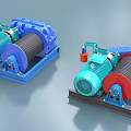 Industrial Winches With Blue Green Electric Motors And Cable Drums For Lifting