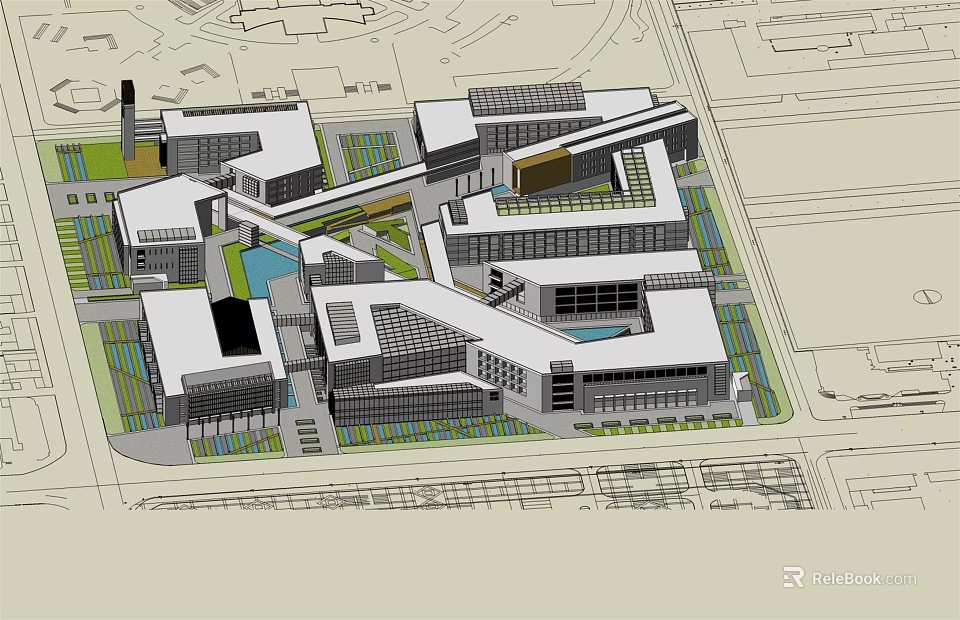Contemporary Commercial Street Design With Modern Buildings Open Spaces And Green Areas 3d model 