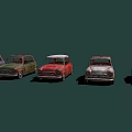 Vintage Rusty Cars in Various Colors Lined Up Against Dark Background
