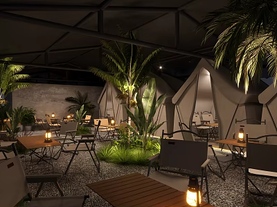 Cozy Outdoor Tent Lounge Area With Palm Trees Tables Chairs And Lanterns 3d model
