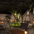 Cozy Outdoor Tent Lounge Area With Palm Trees Tables Chairs And Lanterns