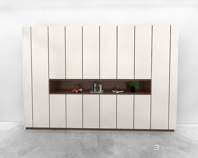 White Wall Cabinets With Modern Minimalist Design Dark Middle Section Holding Books And Small Plant 3d model 