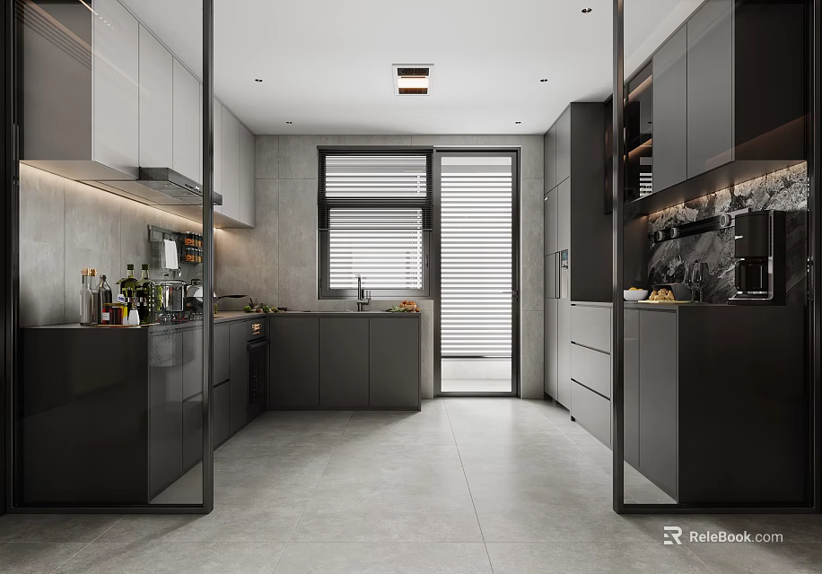 Modern Kitchen Interior Design With Dark Cabinets Gray Countertop And Window Layout 3d model
