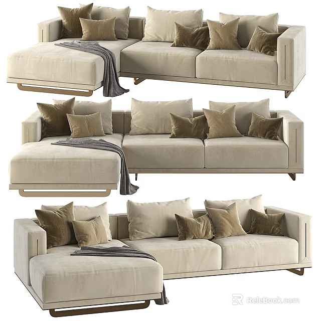 Modern Beige Sectional Sofa Interior With Plush Pillows And Soft Throw Blanket 3d model