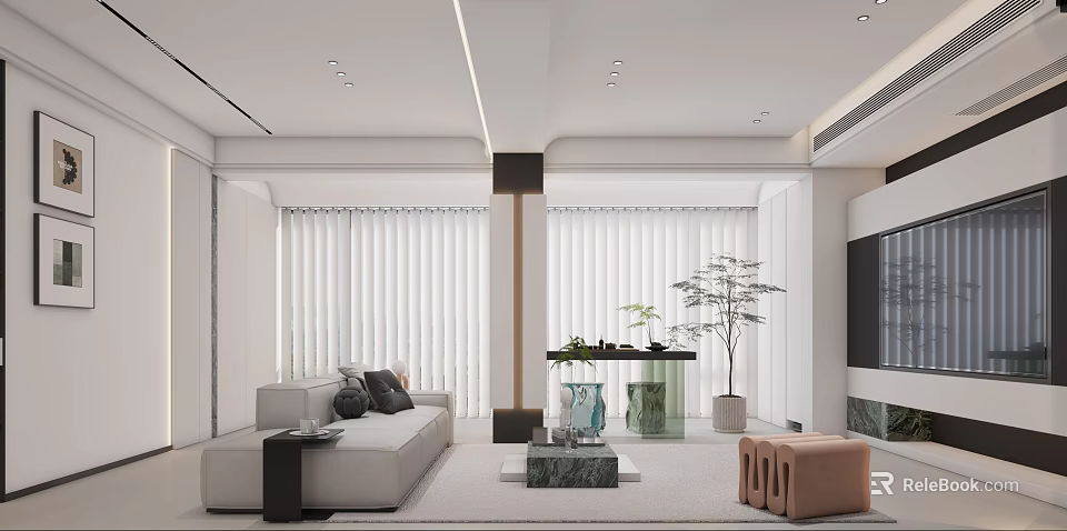 Modern Living and Dining Room Interior Design With White Blinds Sofa Coffee Table And Plants 3d model 