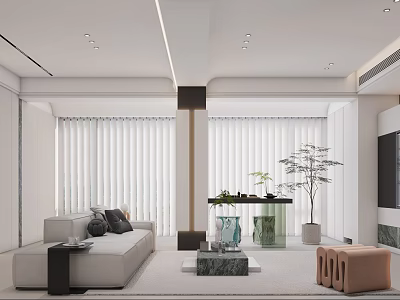 Modern Living and Dining Room Interior Design With White Blinds Sofa Coffee Table And Plants 3d model