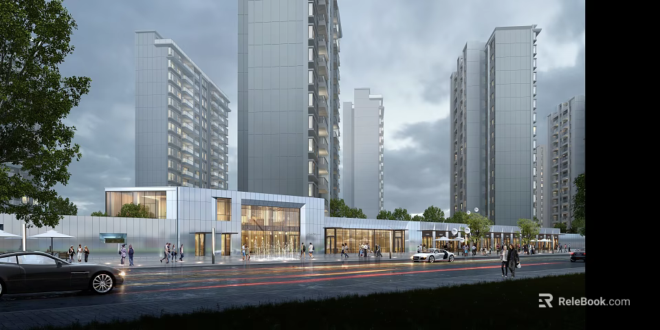 Modern Sales Office Building With Urban Street Pedestrians And High Rises 3d model 