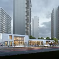 Modern Sales Office Building With Urban Street Pedestrians And High Rises