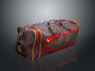 Brown Leather Duffel Bag With Red And Yellow Stripes And Zipper Closure Handles 3d model